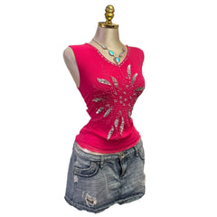 Y2K Vintage Pink Silver Sequin Mesh Top  [M]