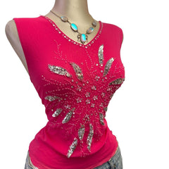 Y2K Vintage Pink Silver Sequin Mesh Top  [M]