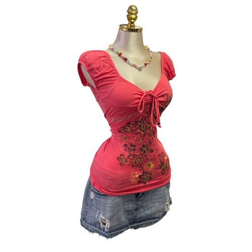 90s Vintage Pink Puff Sleeve Butterfly Top [S]