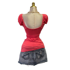 90s Vintage Pink Puff Sleeve Butterfly Top [S]