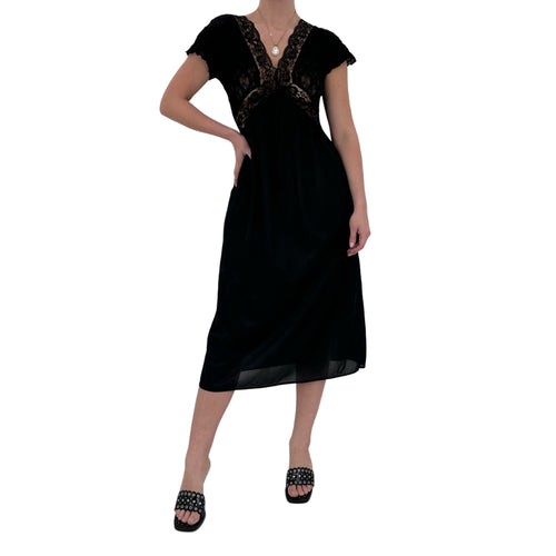 90s Rare Vintage Black Satin Slip Dress [M]