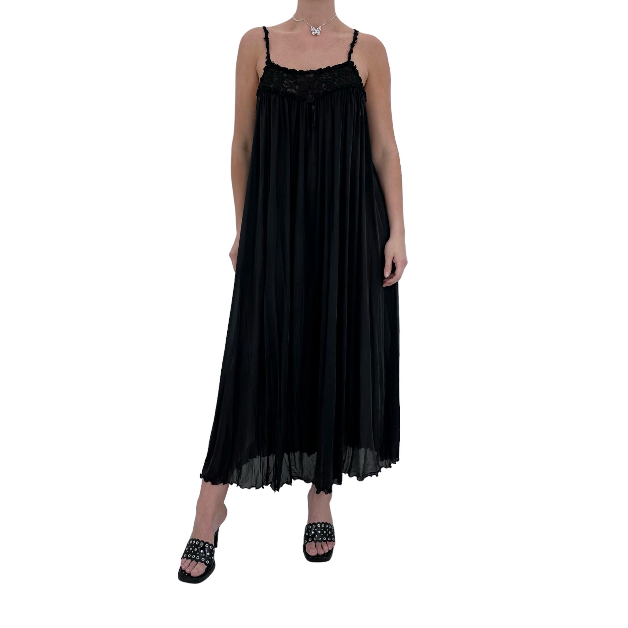 90s Vintage Black Pleated Maxi Dress [M-L]