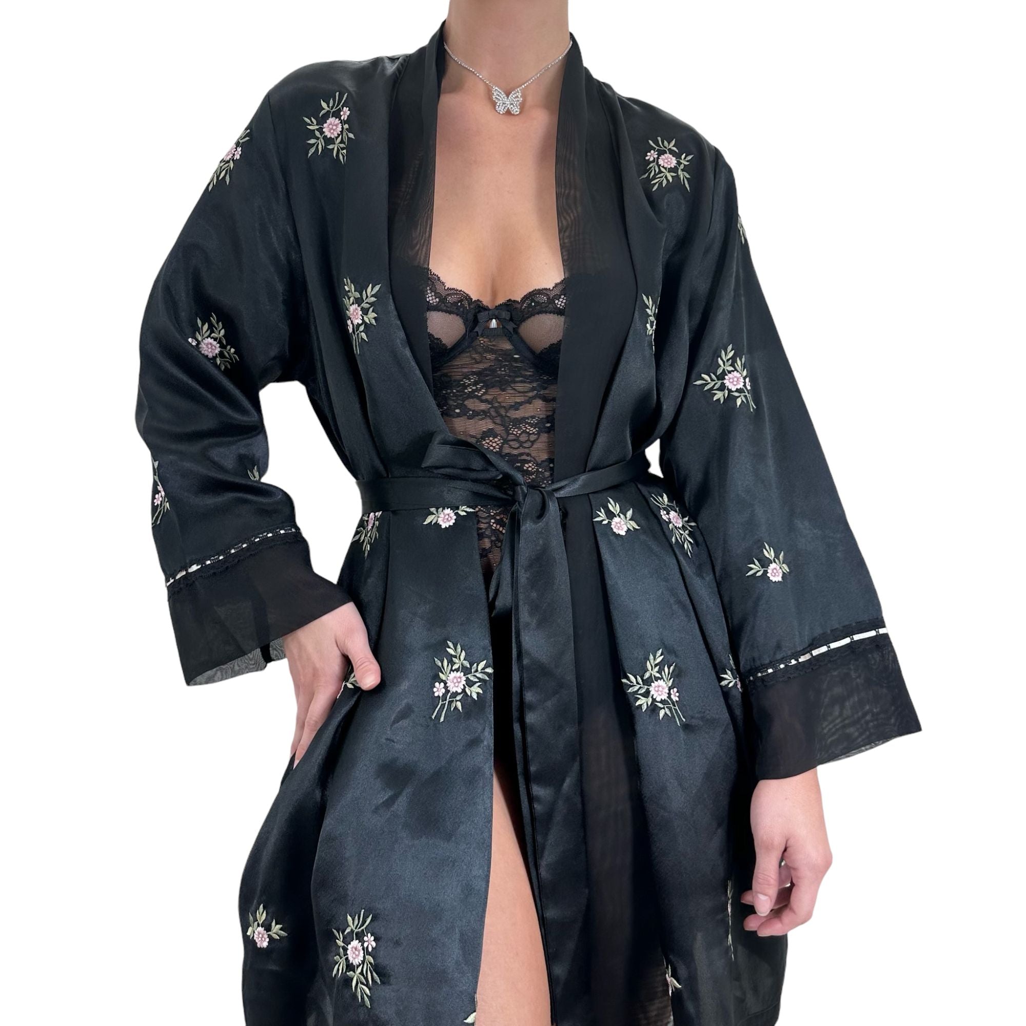 Y2k Vintage Black Floral Embroidered Satin Robe [L]