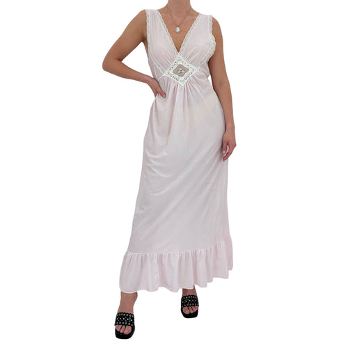 90s Vintage Pink White Maxi Slip Dress [L]