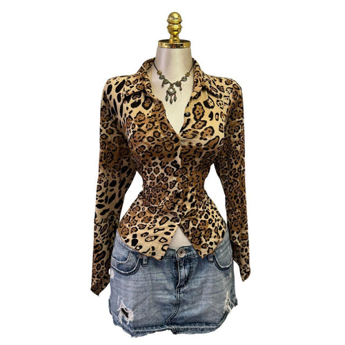 90s Vintage Brown Ivory Leopard Button Butterfly Sleeve Top [XL]