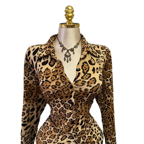 90s Vintage Brown Ivory Leopard Button Butterfly Sleeve Top [XL]