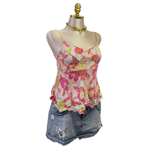 90s Vintage Pink Multicolour Floral Linen Rayon Made In Paris Top  [S]