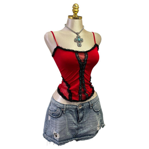 Y2K Vintage Red Black Lace Tank Top [XS]