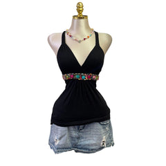 90s Vintage Black Multicolour Beads Top [S]