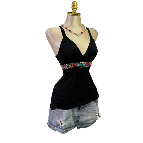 90s Vintage Black Multicolour Beads Top [S]
