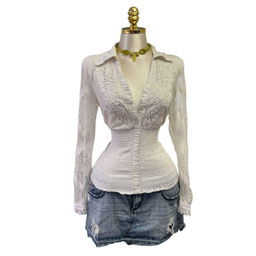 90s Vintage White Lace Sheer Sequin Top [L]