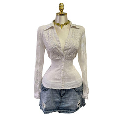 90s Vintage White Lace Sheer Sequin Top [L]