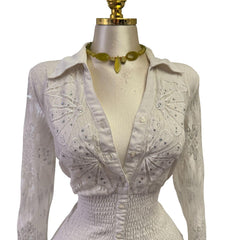 90s Vintage White Lace Sheer Sequin Top [L]