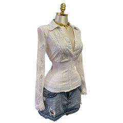 90s Vintage White Lace Sheer Sequin Top [L]