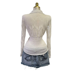 90s Vintage White Lace Sheer Sequin Top [L]