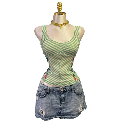 Y2K Vintage Green Marc Aurel Stripes Floral Top [S]