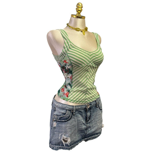 Y2K Vintage Green Marc Aurel Stripes Floral Top [S]