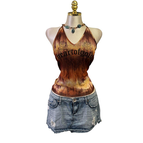 Y2K Vintage Heart Of Gold Brown Orange Yellow Tie Dye Top [M]