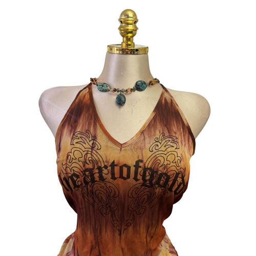 Y2K Vintage Heart Of Gold Brown Orange Yellow Tie Dye Top [M]