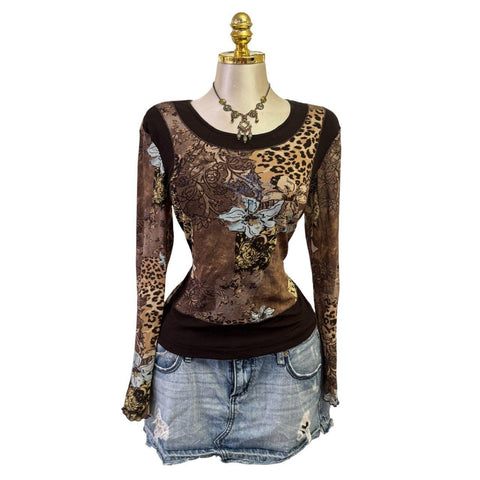 90s Vintage White Mesh W/ Black Red Beige Tie-dye Lining Top  [L]