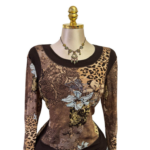 90s Vintage Brown Blue Floral Sequin Top  [L]