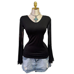 90s Vintage Black Mesh Butterfly Sleeve Top [M]