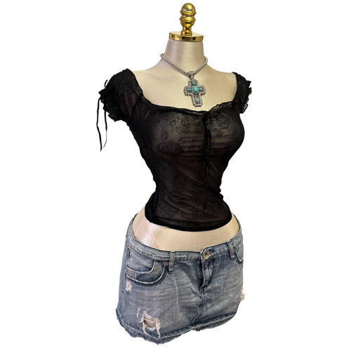 90s Vintage Black Mesh Glitter Paisley Print Top [S]