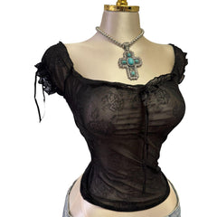 90s Vintage Black Mesh Glitter Paisley Print Top [S]