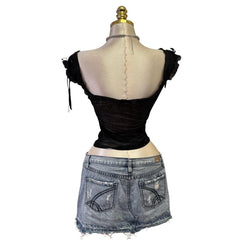 90s Vintage Black Mesh Glitter Paisley Print Top [S]