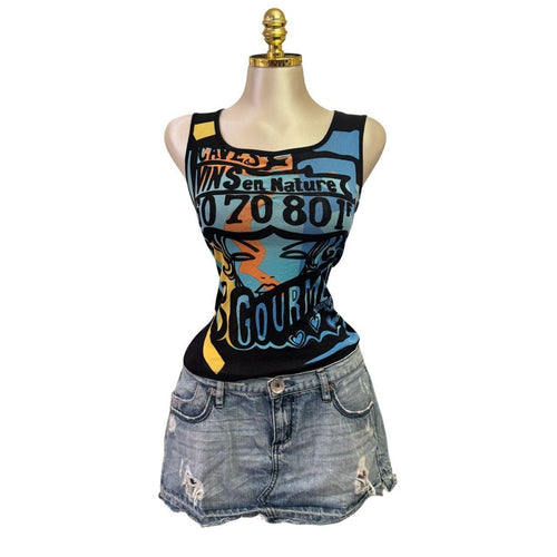 Y2k Vintage Black Blue "Gourmets" Graphic Tank Top [S]