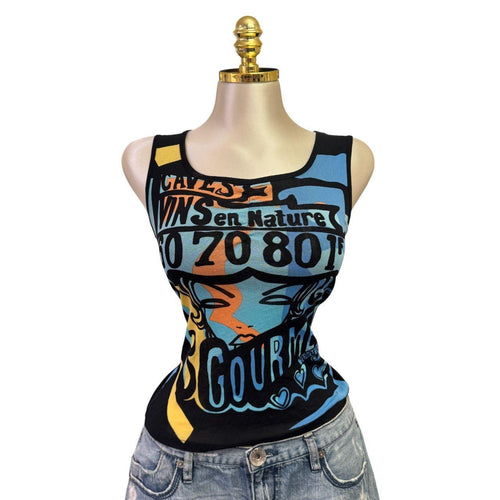 Y2k Vintage Black Blue "Gourmets" Graphic Tank Top [S]