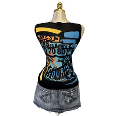 Y2k Vintage Black Blue "Gourmets" Graphic Tank Top [S]