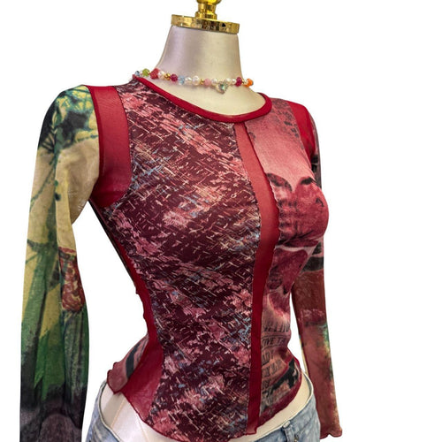 90s Vintage Red Green Print Mesh Top  [XS]