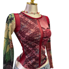 90s Vintage Red Green Print Mesh Top  [XS]