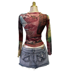 90s Vintage Red Green Print Mesh Top  [XS]