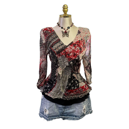 Y2K Vintage Red Black Ivory Floral Silk Top [M]