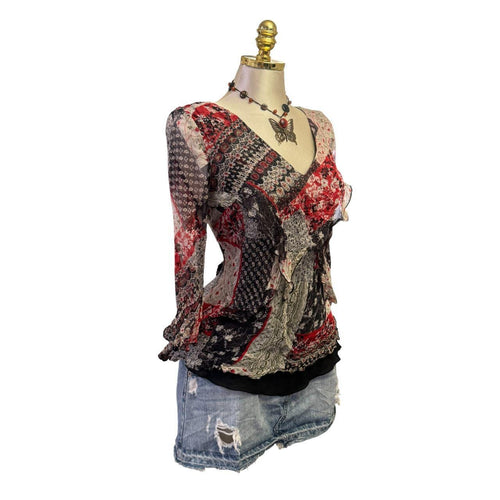 Y2K Vintage Red Black Ivory Floral Silk Top [M]