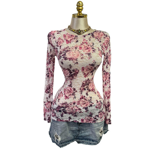Y2K Vintage Pink Ivory Floral Lace Mesh Top [S]