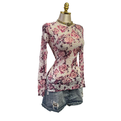 Y2K Vintage Pink Ivory Floral Lace Mesh Top [S]