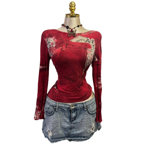 Y2K Vintage Red Floral Denim Pockets Top [M]