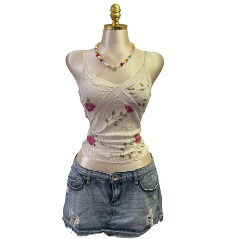 Y2K Vintage Desigual Red Black Beaded Sequin Asymmetrical Neck Top [S]
