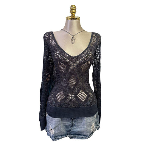 Y2K Vintage Gray Blue Silver Sequin Crochet V-neck Top [M]