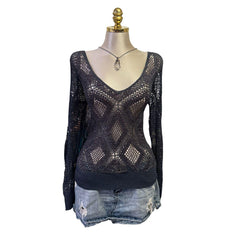 Y2K Vintage Gray Blue Silver Sequin Crochet V-neck Top [M]