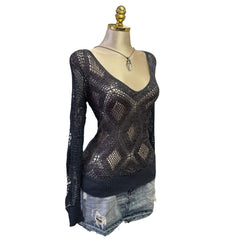 Y2K Vintage Gray Blue Silver Sequin Crochet V-neck Top [M]