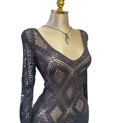 Y2K Vintage Gray Blue Silver Sequin Crochet V-neck Top [M]