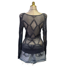 Y2K Vintage Gray Blue Silver Sequin Crochet V-neck Top [M]