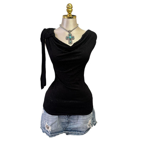 Y2K Vintage All Saints Black Brown Beaded Sequin Top [M]