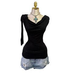 Y2K Vintage Black Glitter Cowl Neck Top [M]