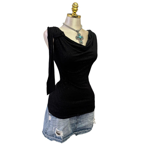 Y2K Vintage Black Glitter Cowl Neck Top [M]