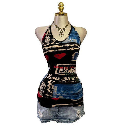 90s Vintage Blue Red Black Artsy Halter Top  [M]